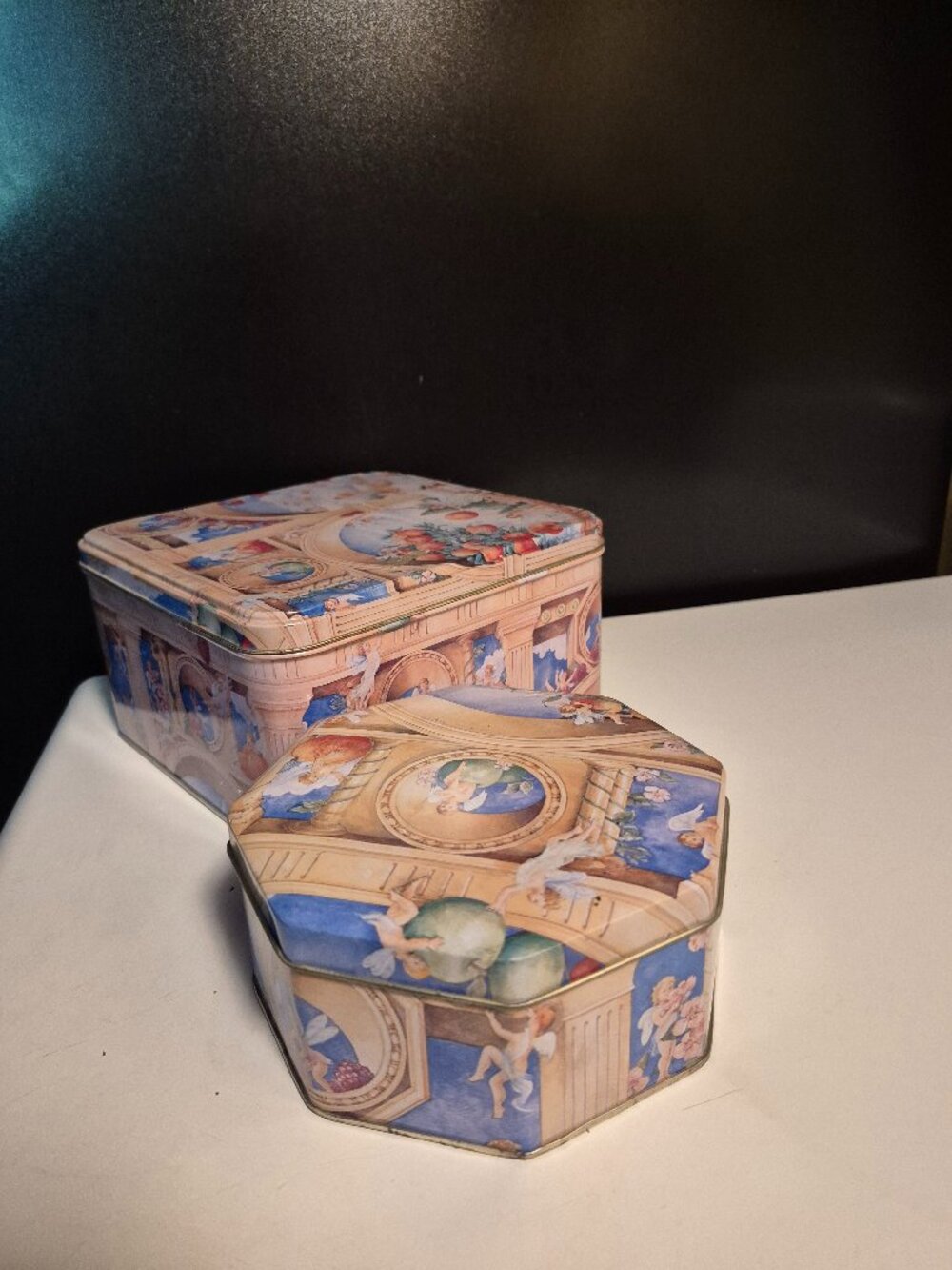 VINTAGE CHERUB ANGEL METAL STORAGE TINS-NESTING SET OF 2
